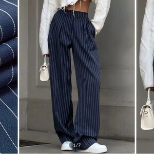 Commense Navy Pinstripe Pleated Wide-Leg Pants